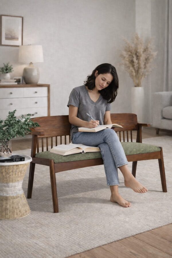 Handcrafted Solid Wood 2-Seater Bench Sofa with Cushion | Modern Minimalist Wooden Seating for Living Room